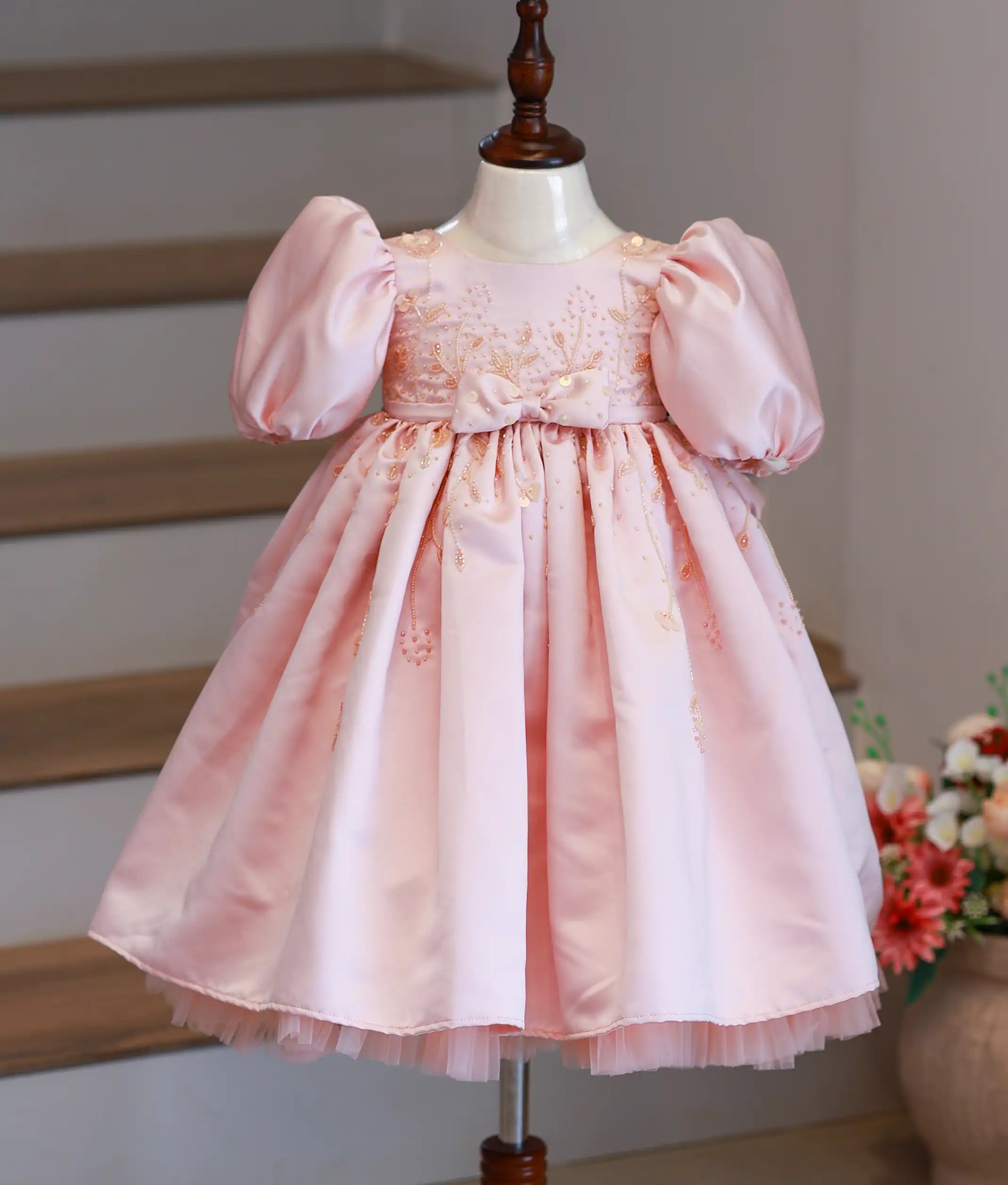 Pastel Peach Bridal Satin Handwork Birthday Frock For Baby Girls [2747]