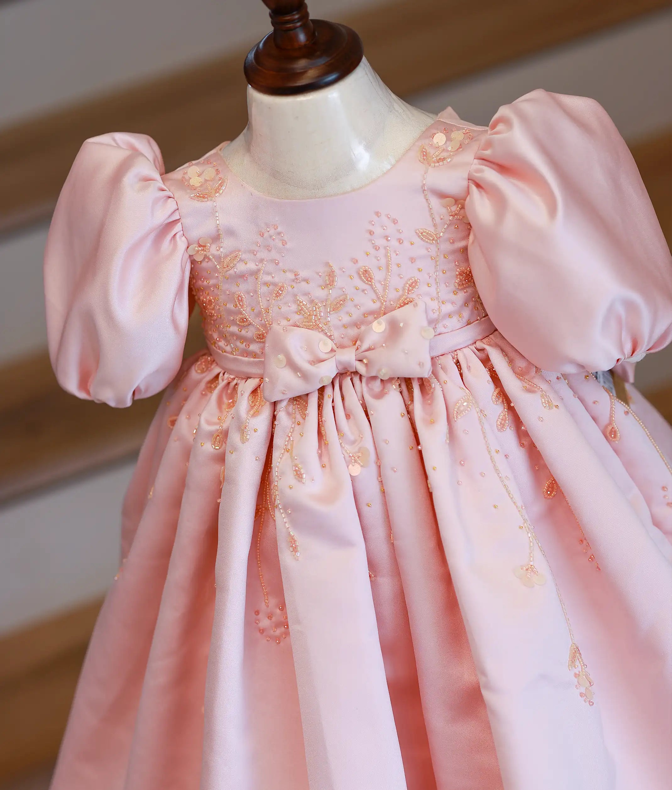 Pastel Peach Bridal Satin Handwork Birthday Frock For Baby Girls [2747]
