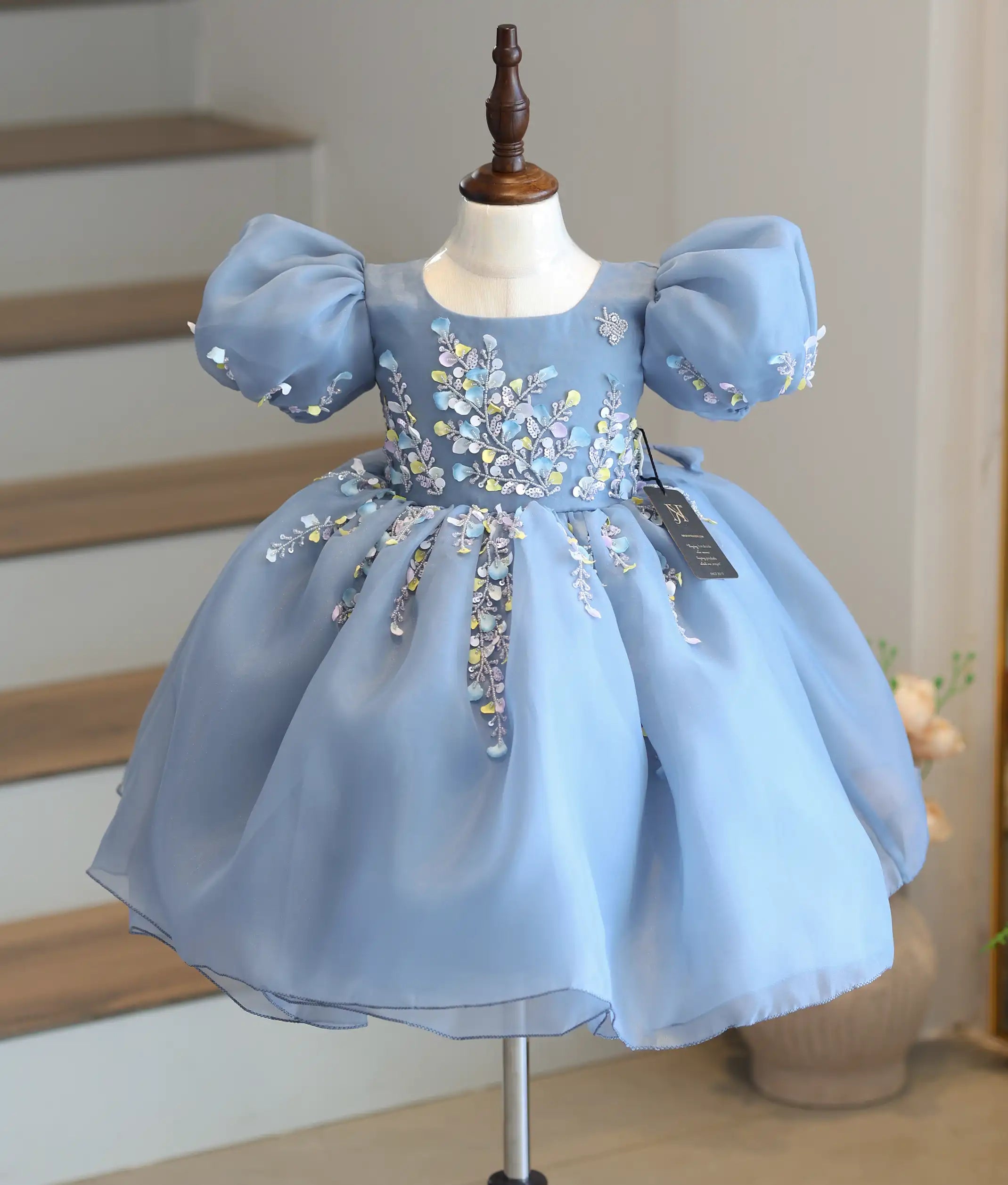 Ash Plain Organza Handworked Flower Theme Dress For Baby Girl [2764A]