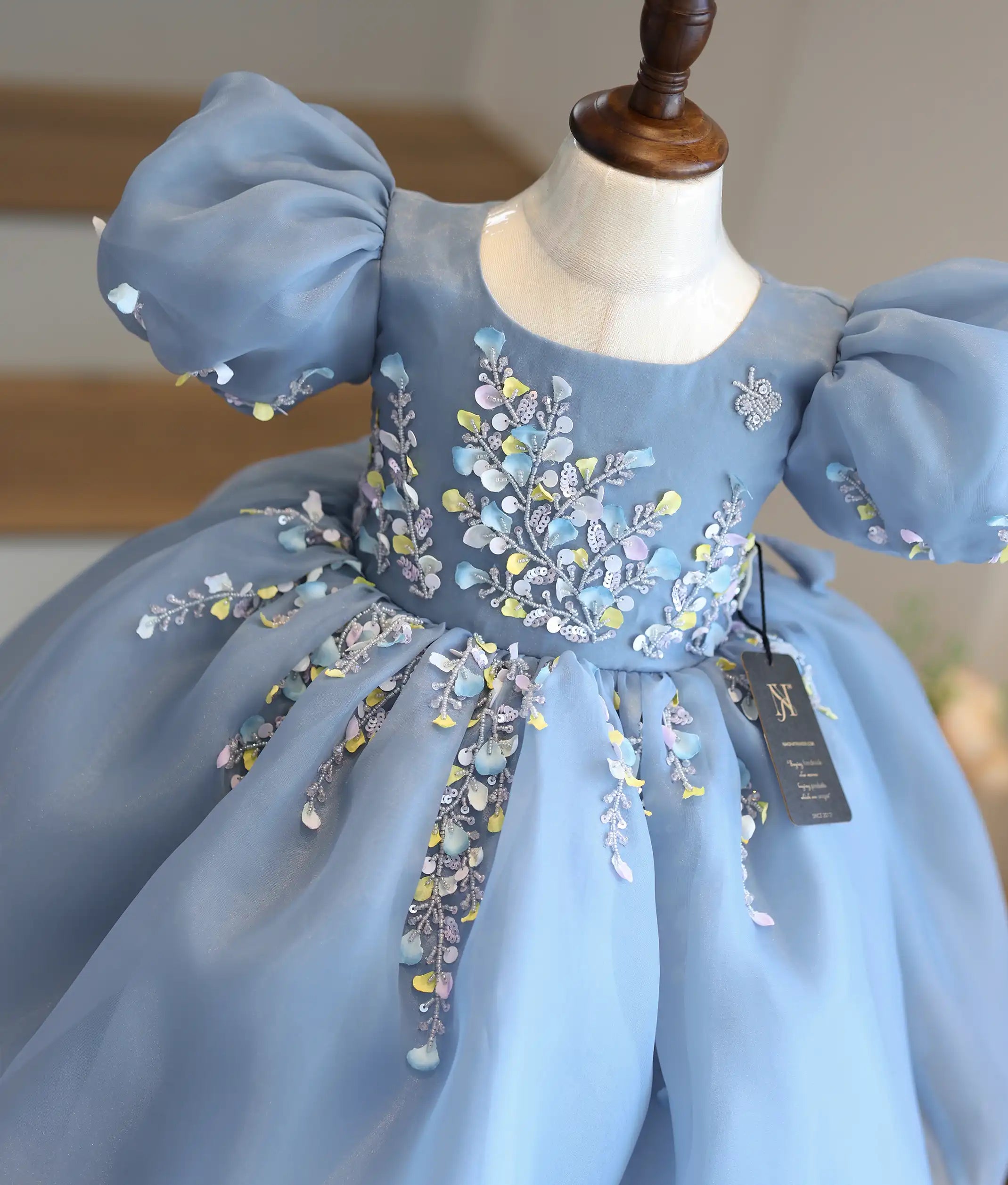 Ash Plain Organza Handworked Flower Theme Dress For Baby Girl [2764A]