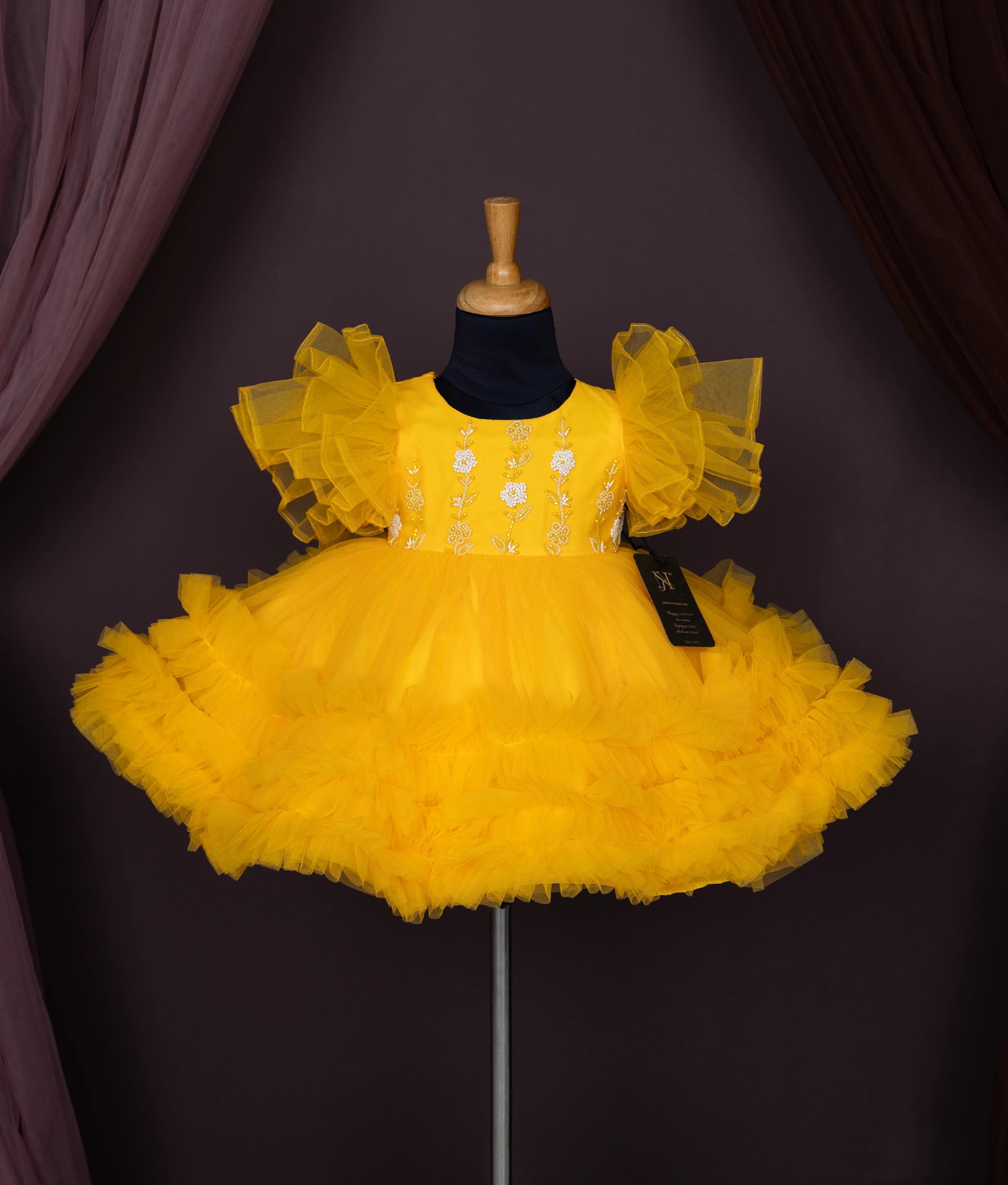 Yellow Tulle Net Handworked Birthday Frock For Baby Girl [2778]