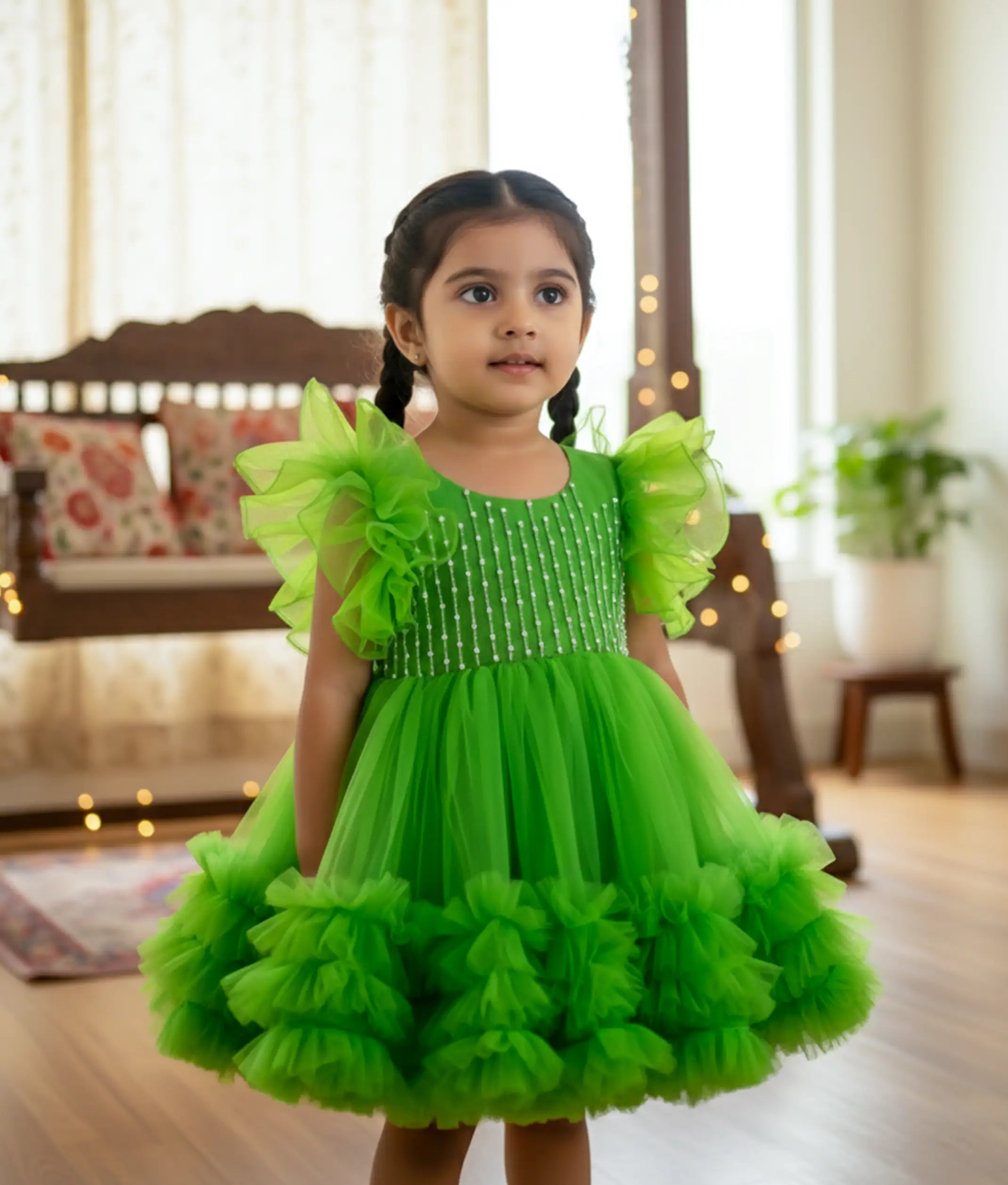 Green Tulle Net Handworked Birthday Frock For Baby Girl [Ready to ship :2779]