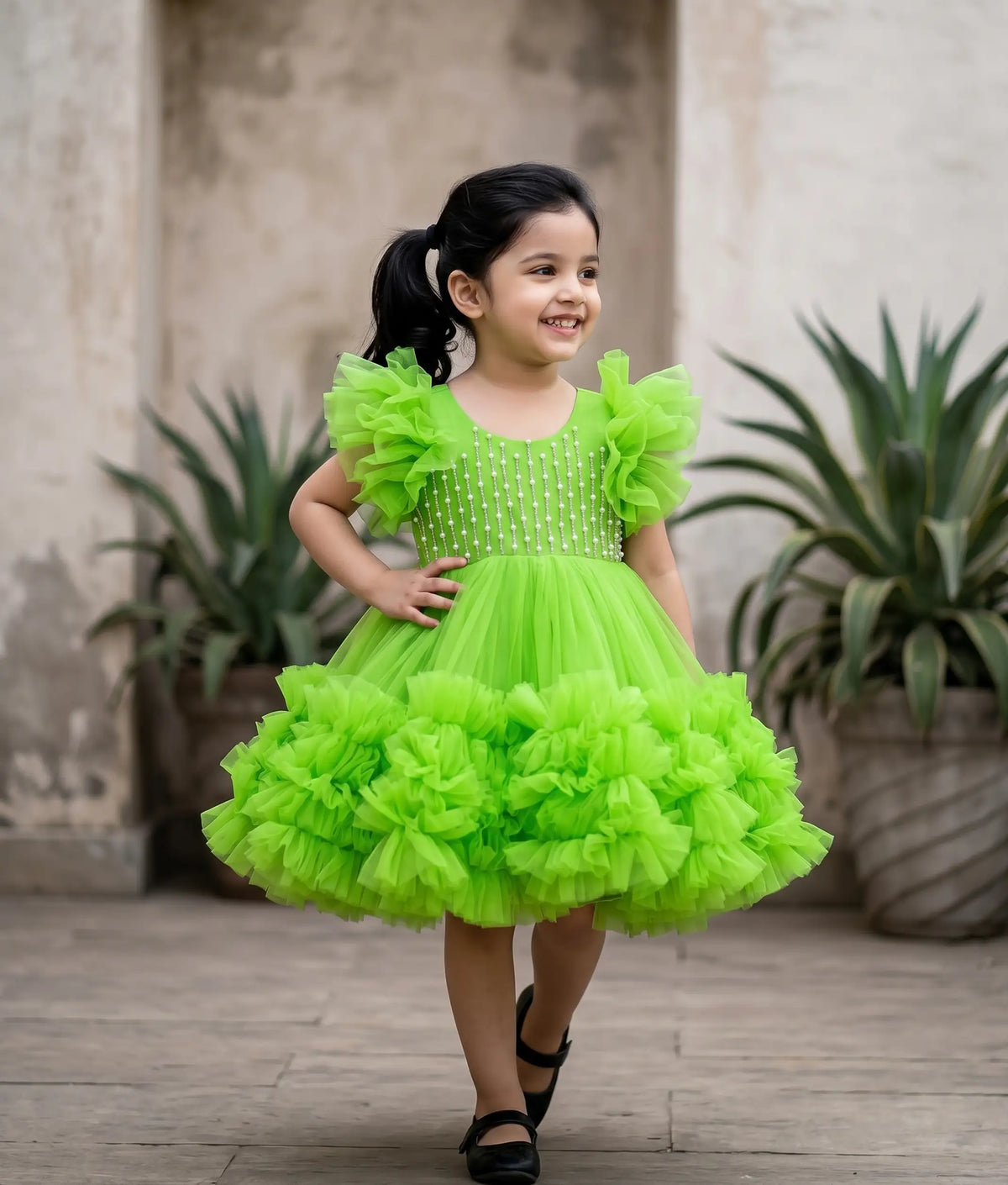 Green Tulle Net Handworked Birthday Frock For Baby Girl [Ready to ship :2779]