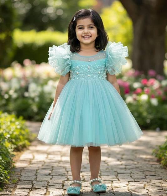 Pastel Blue Handworked Party Wear Frock For Baby Girl [Ready To Ship: 2787]
