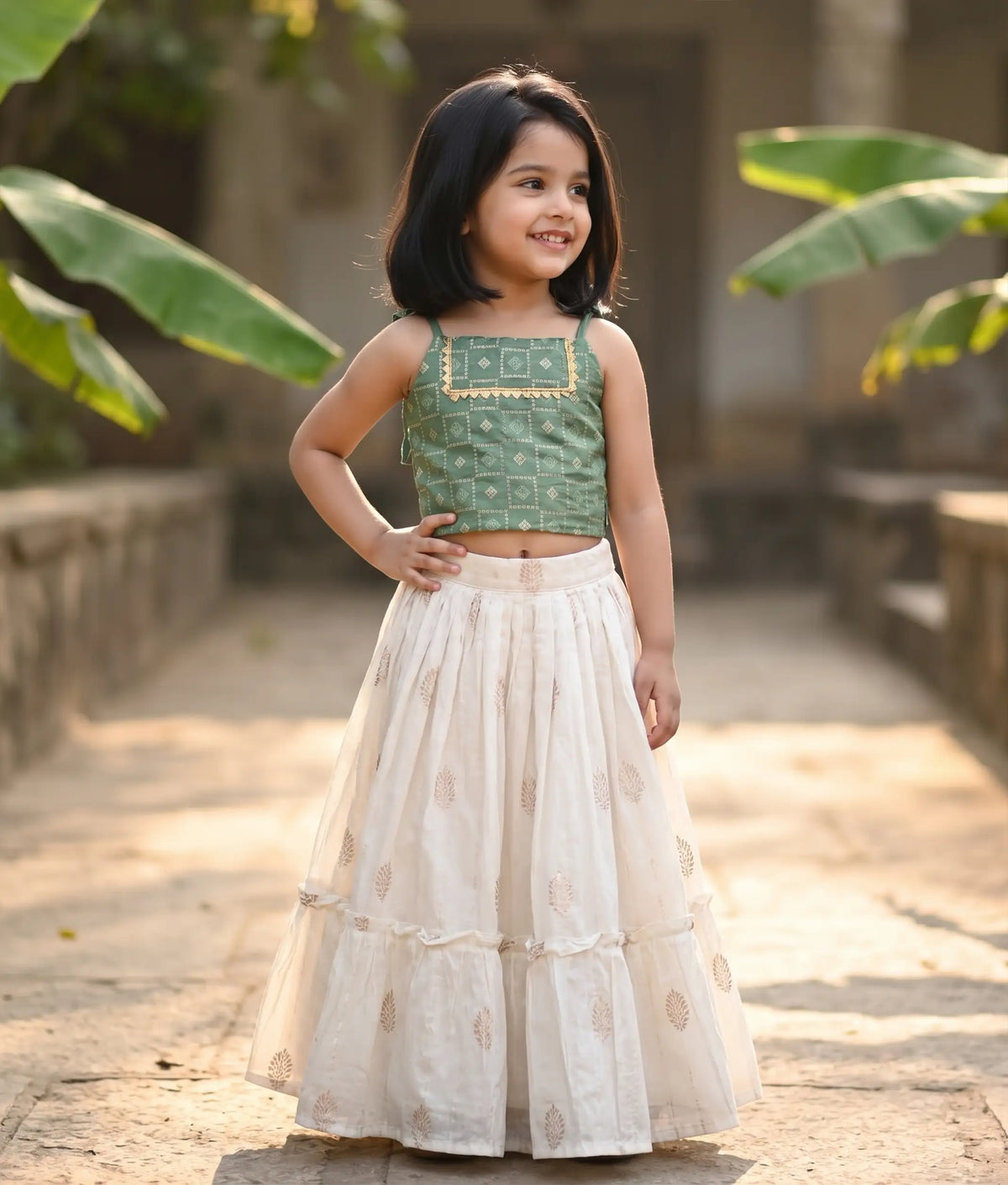 Green Georgette Top With Chanderi Skirt [2790]