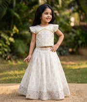 Off-white Work Material Top With Banarasi Skirt For Baby Girl [2803]