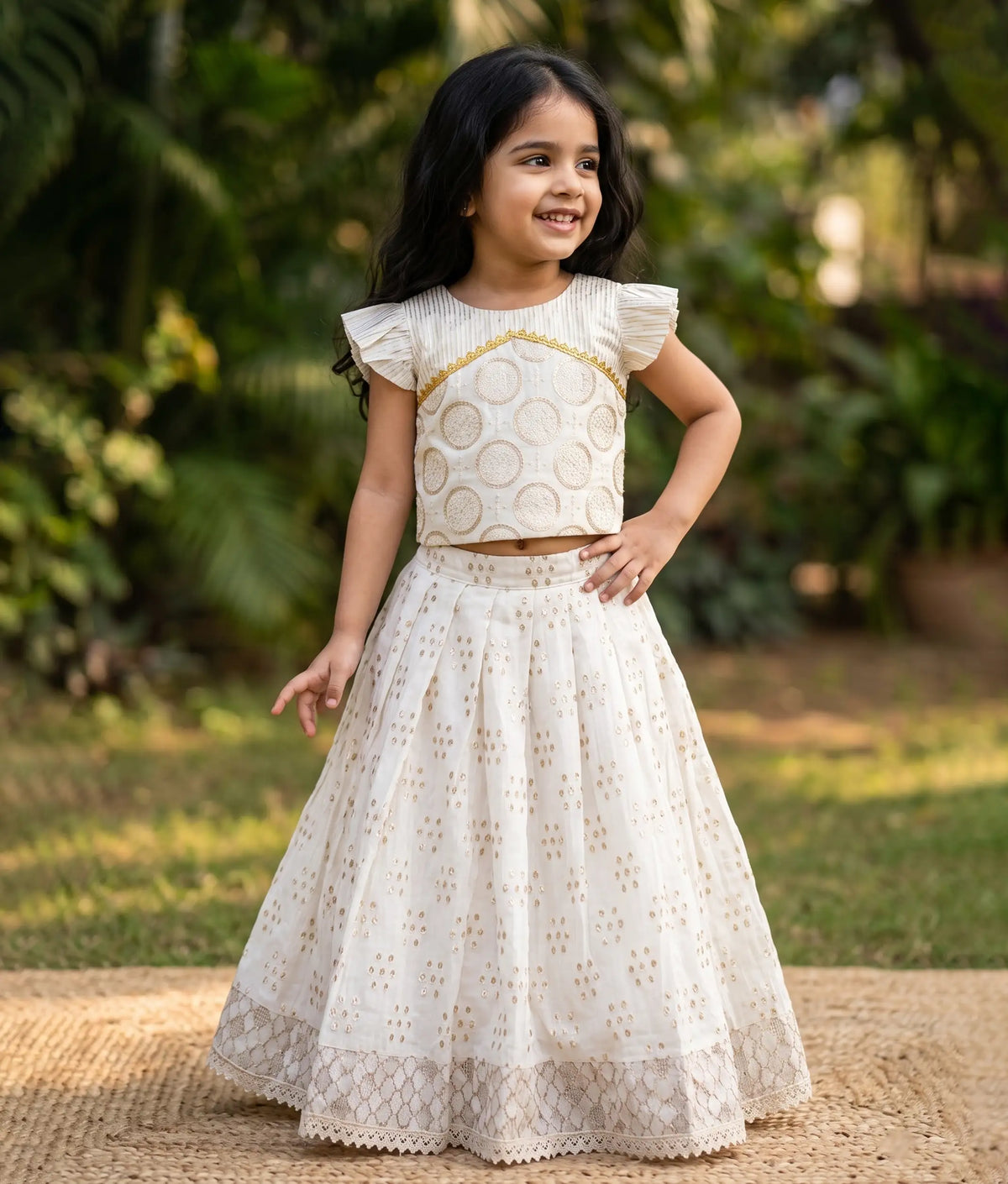 Off-white Work Material Top With Banarasi Skirt For Baby Girl [2803]