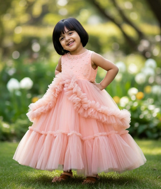Peach Tulle Net Handworked Birthday Gown For Baby Girl [Ready to ship:2834]