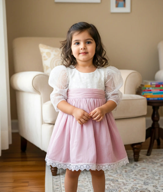 Off-white Work Material yoke With Pink Shimmer Organza Skirt Frock For Baby Girl [Ready to ship:2851]