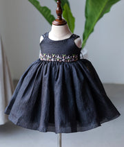 Black Crush Organza Handworked Birthday Frock For Baby Girl [2874]