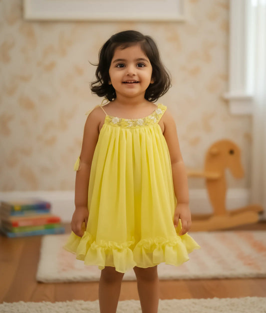 Yellow Shimmer Georgette Handworked Halter-neck Casual Frock For Baby Girl [Ready to ship :2895]