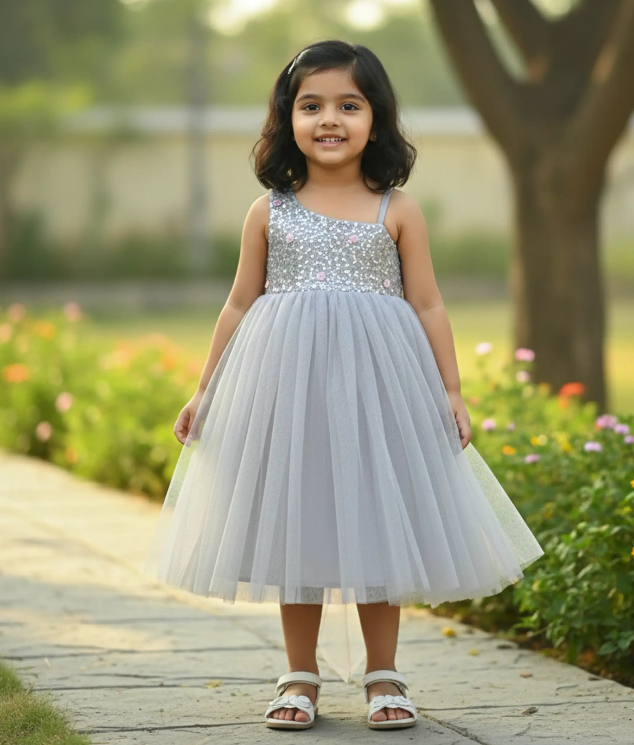 Ash Tulle Net Hand worked  Party Wear Frock for Baby Girl [2901]