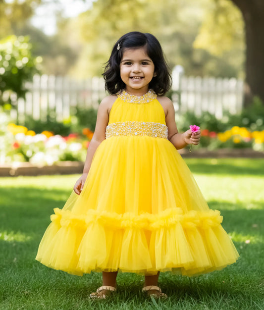 Yellow Tulle Handworked Birthday Gown For Baby Girl [Ready To Ship :2912]
