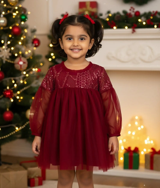 Maroon Work Materal Net Frock For Baby Girl [Ready to ship:2965]