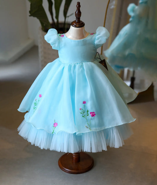 Sky Blue Plain Organza Floral Painting And Handworked Birthday Dress For Baby Girl [Pre-order:5027]