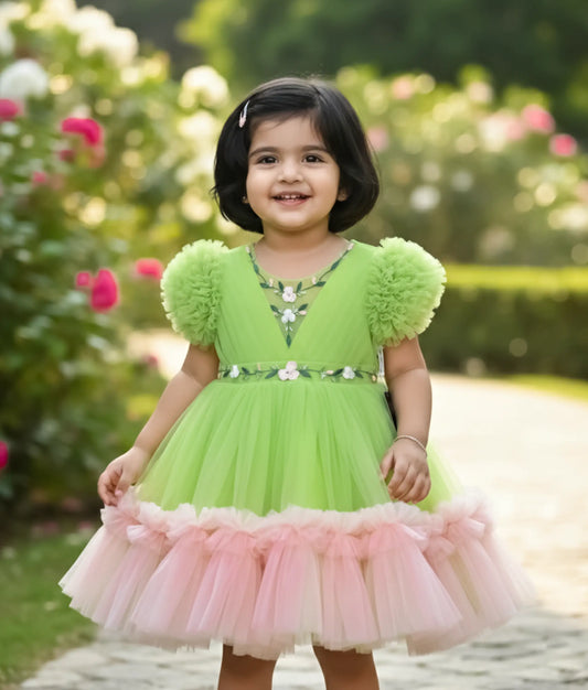 Green and Peach Tulle Net Embroidery Birthday Frock For Baby Girl [Ready to Ship: 5095]