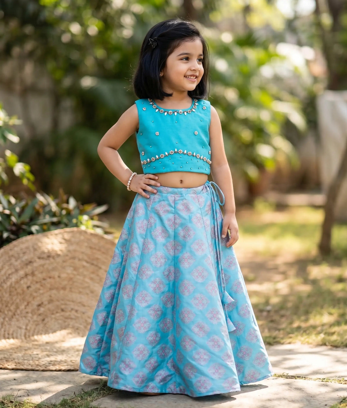 Sky Blue Handwork Top with Skirt for Festive Wear [5113]