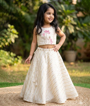 Off-White Floral Embroidery Cotton Top and Skirt for Baby Girls [5127]