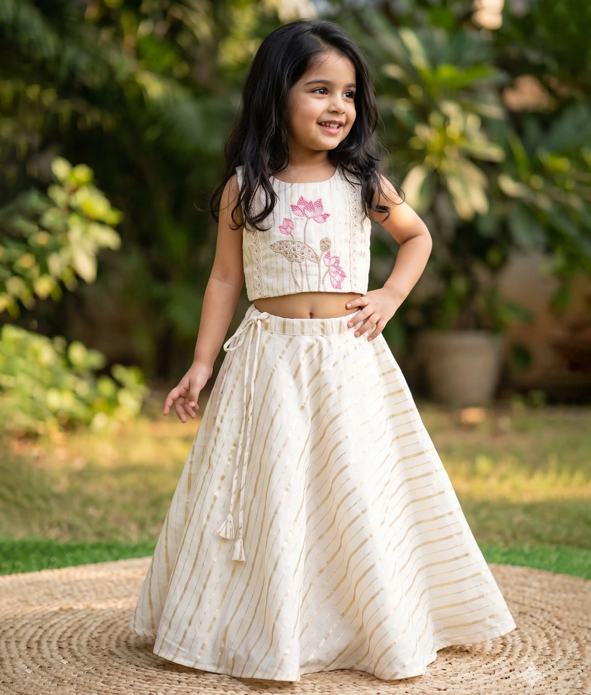 Off-White Floral Embroidery Cotton Top and Skirt for Baby Girls [5127]