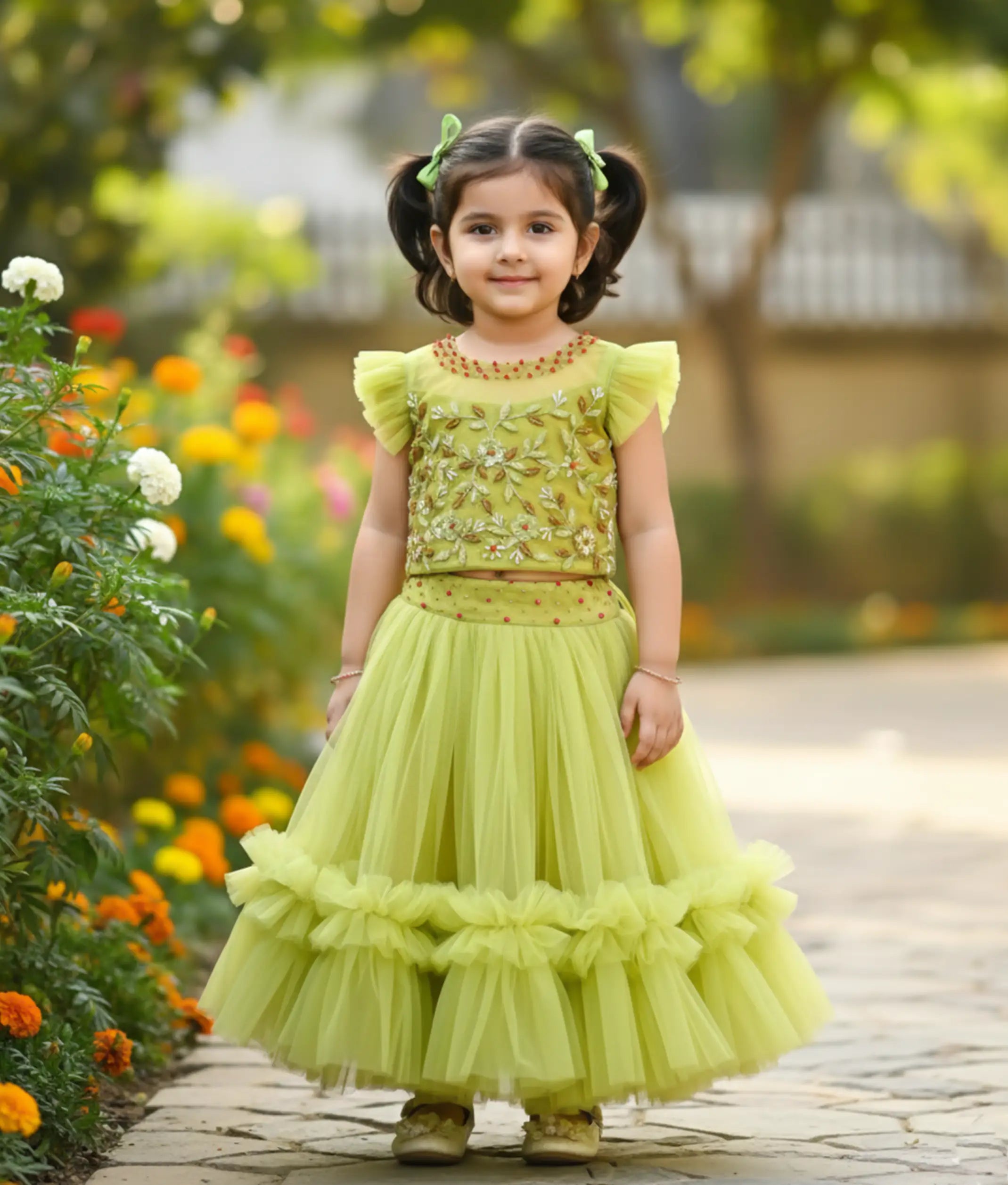 Pastel Green Tulle Net Handworked Skirt and Top For Baby Girl [5130]