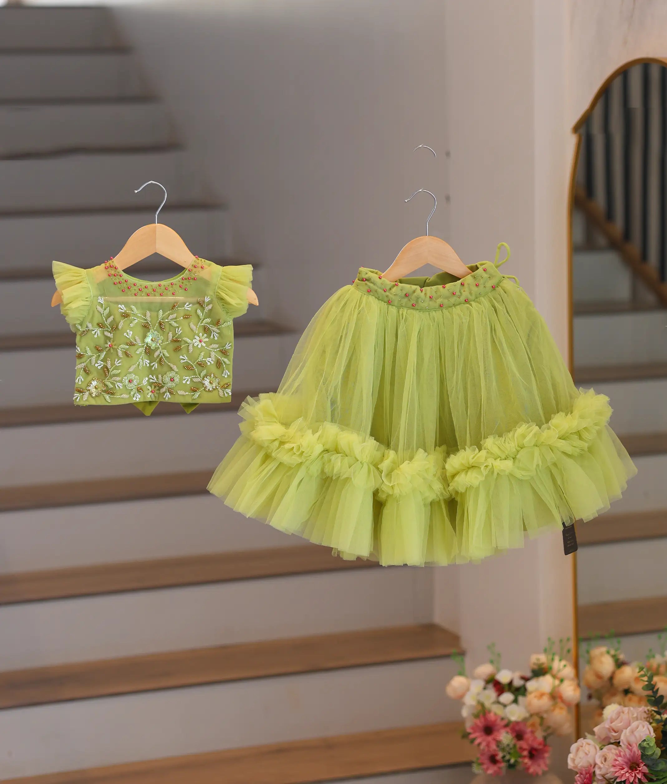Pastel Green Tulle Net Handworked Skirt and Top For Baby Girl [5130]