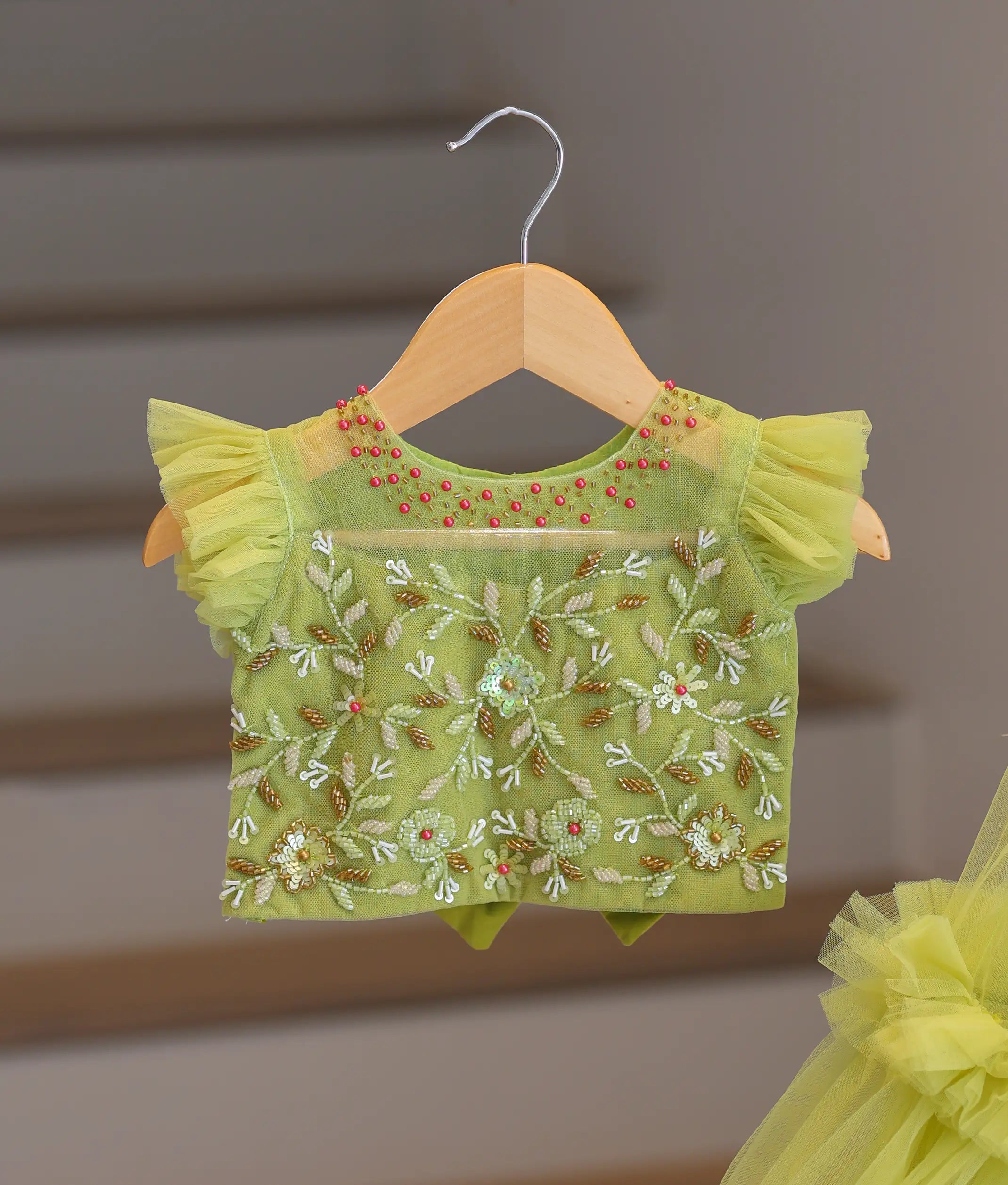 Pastel Green Tulle Net Handworked Skirt and Top For Baby Girl [5130]