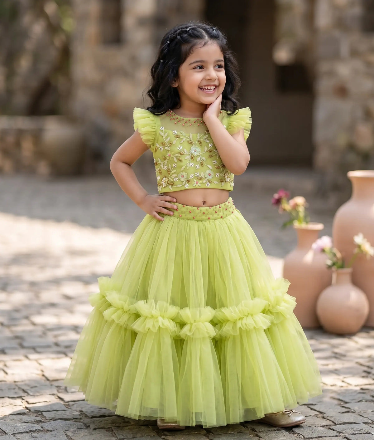 Pastel Green Tulle Net Handworked Skirt and Top For Baby Girl [5130]
