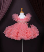 Peach Tulle Net Handworked Birthday Frock For Baby Girl [Pre order:5136]