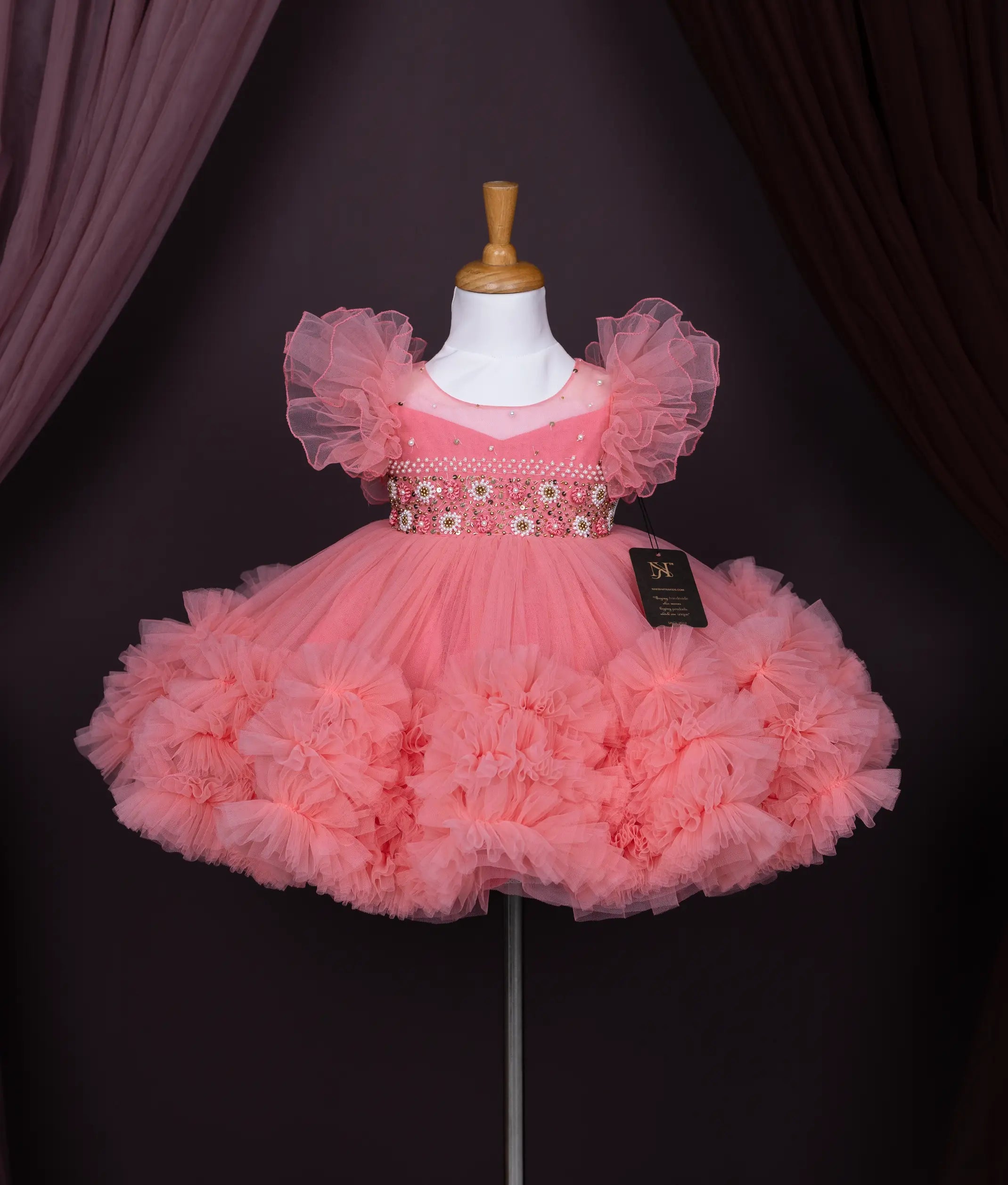 Peach Tulle Net Handworked Birthday Frock For Baby Girl [Pre order:5136]