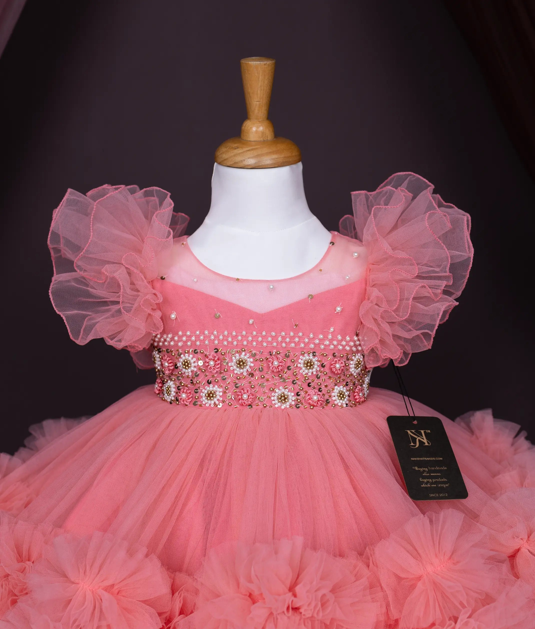 Peach Tulle Net Handworked Birthday Frock For Baby Girl [Pre order:5136]