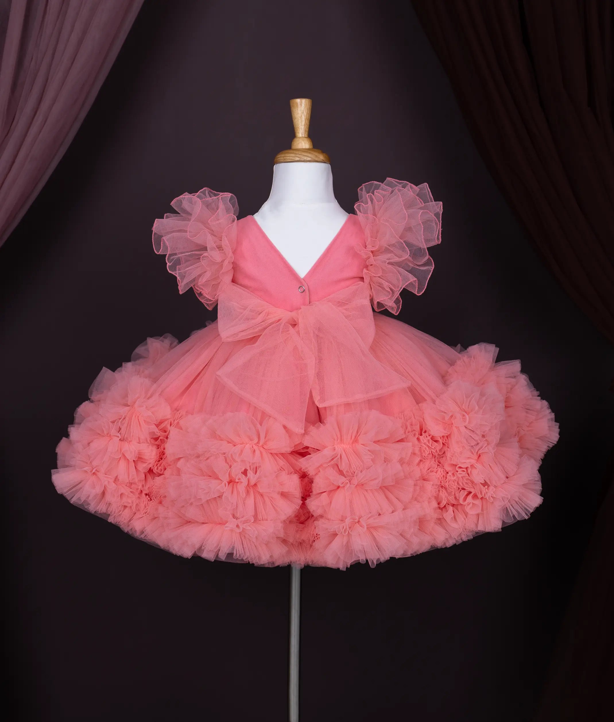 Peach Tulle Net Handworked Birthday Frock For Baby Girl [Pre order:5136]