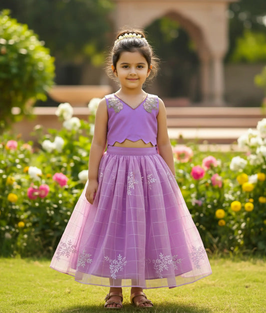 Lavender Tulle Net Embroidery Top With Floral Organza Printed Skirt [Ready to ship :5167]