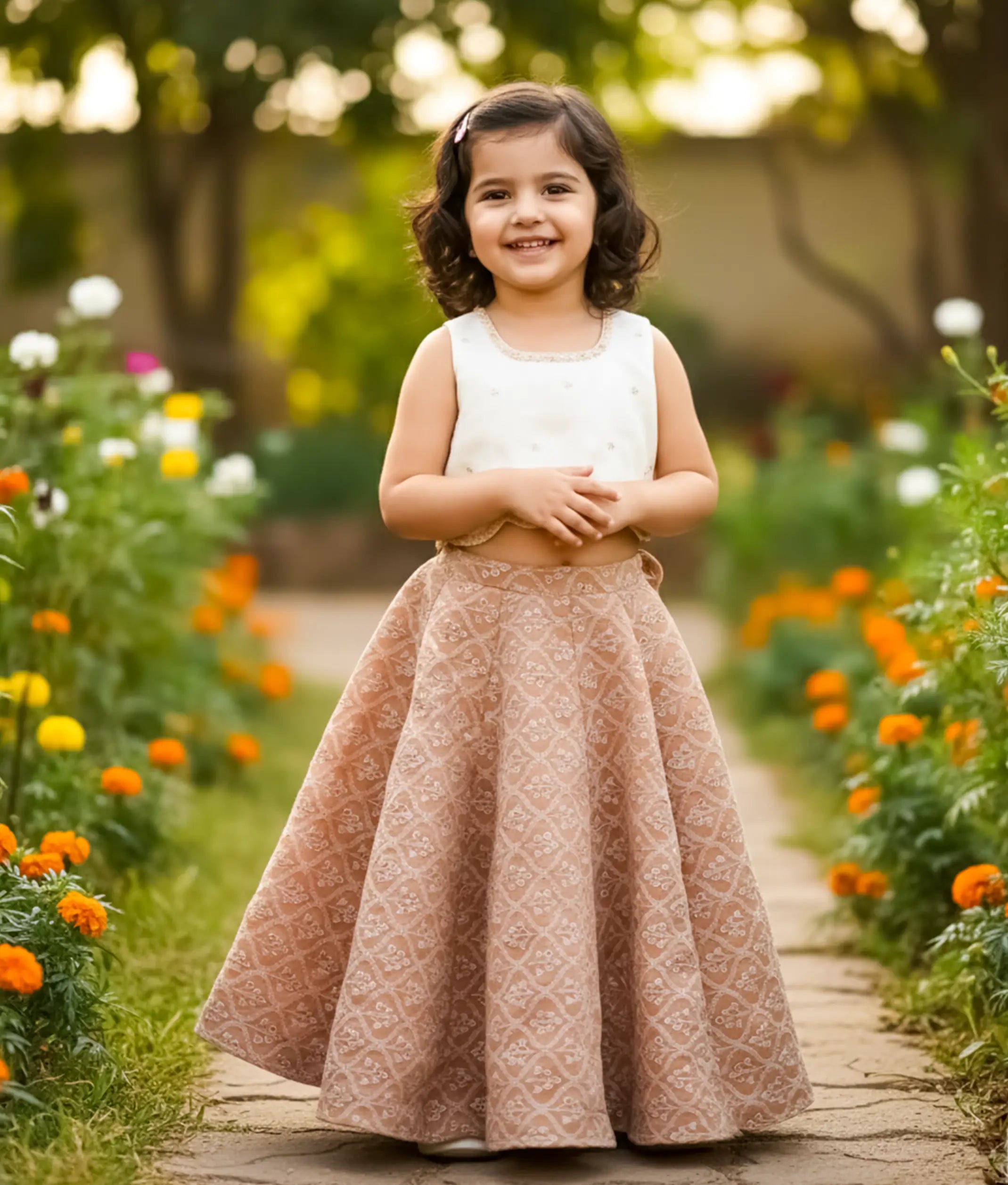 Offwhite Handworked Crop top With Beige Georgetta Full Length Skirt For Baby Girl [Ready to ship:5193]