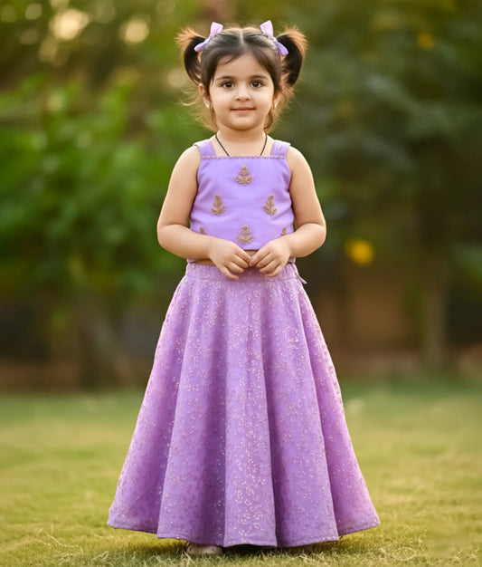 Lavender Handworked Crop top With Georgetta Full Length Skirt For Baby Girl[Ready to ship:5195]