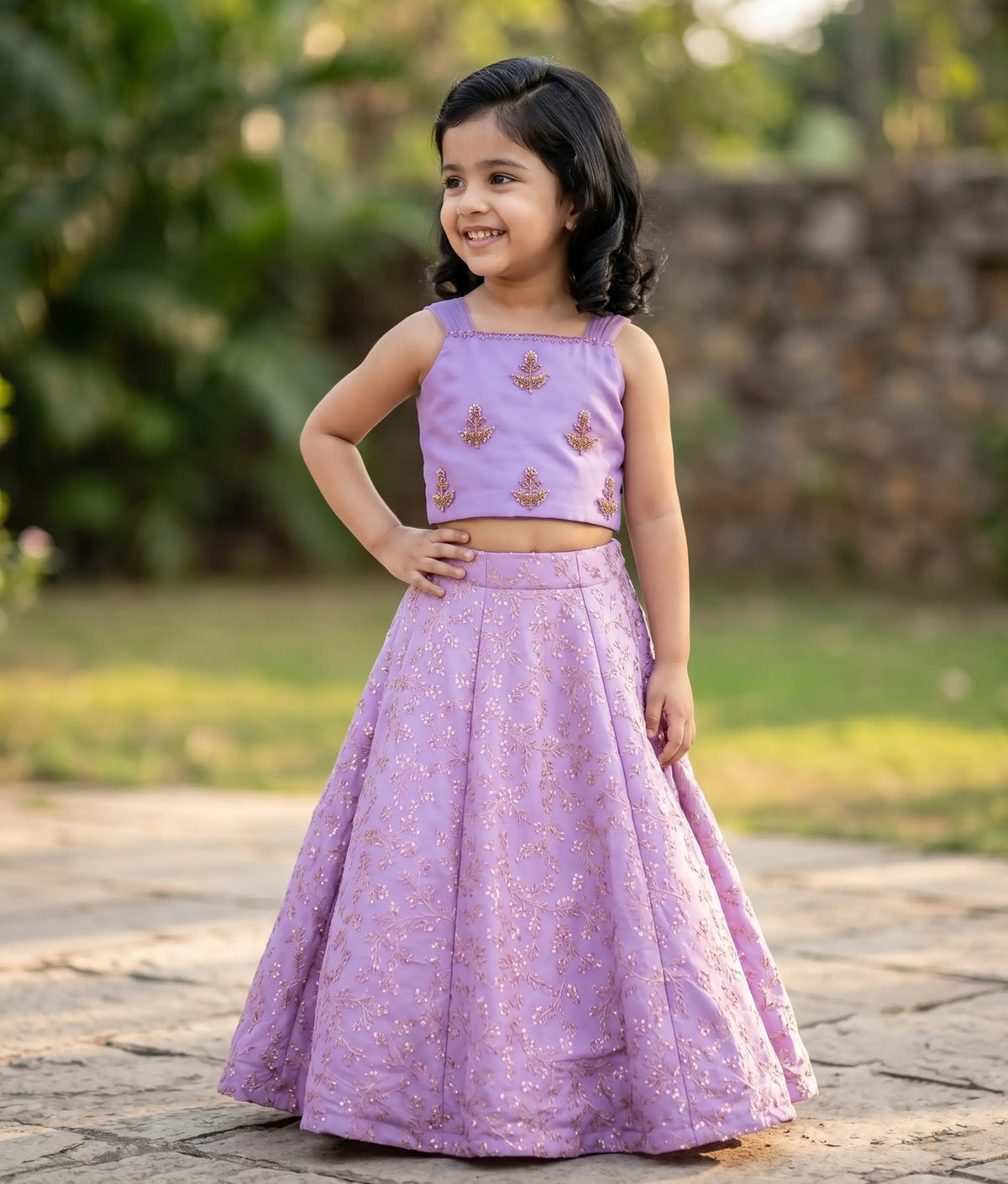 Lavender Hand worked Crop top With Georgetta Full Length Skirt for Baby Girl [5195]