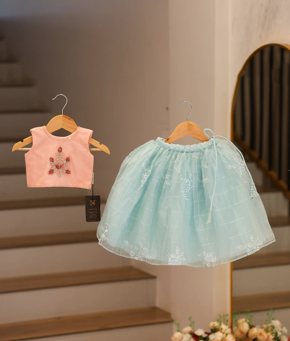 Powder Peach  Hand worked Crop Top with Full Length Blue Organza Skirt for Baby Girl [5196]