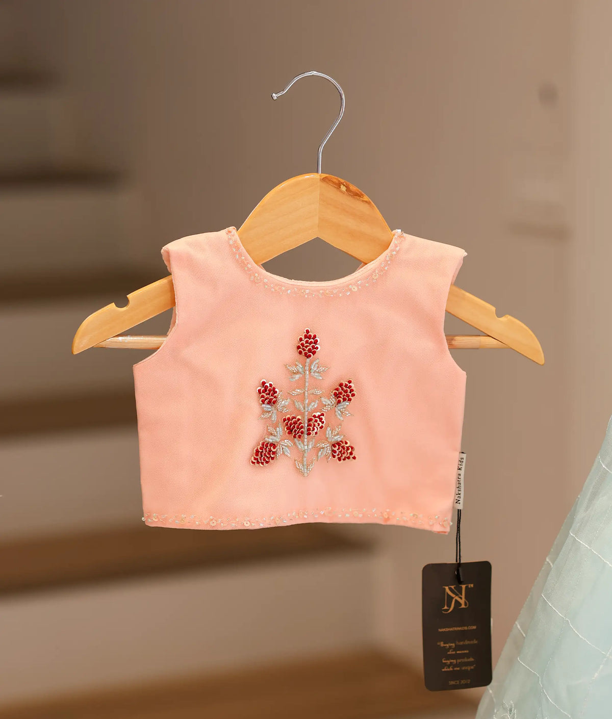 Powder Peach  Hand worked Crop Top with Full Length Blue Organza Skirt for Baby Girl [5196]