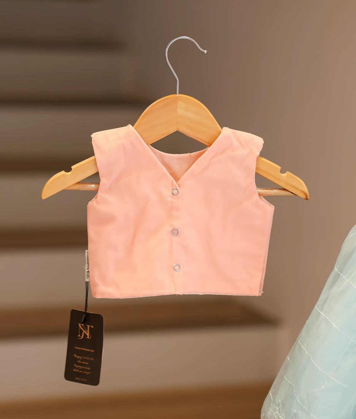 Powder Peach  Hand worked Crop Top with Full Length Blue Organza Skirt for Baby Girl [5196]