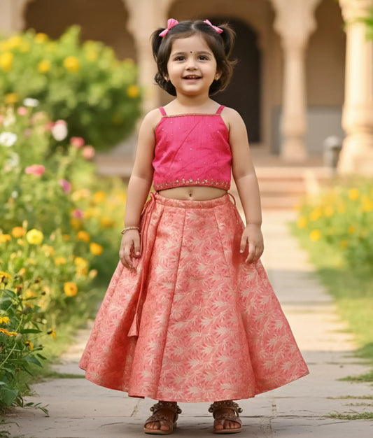 Hot Pink Raw cotta Handworked Top With Peach Banarasi Skirt For Baby Girl [Ready to ship :5209]