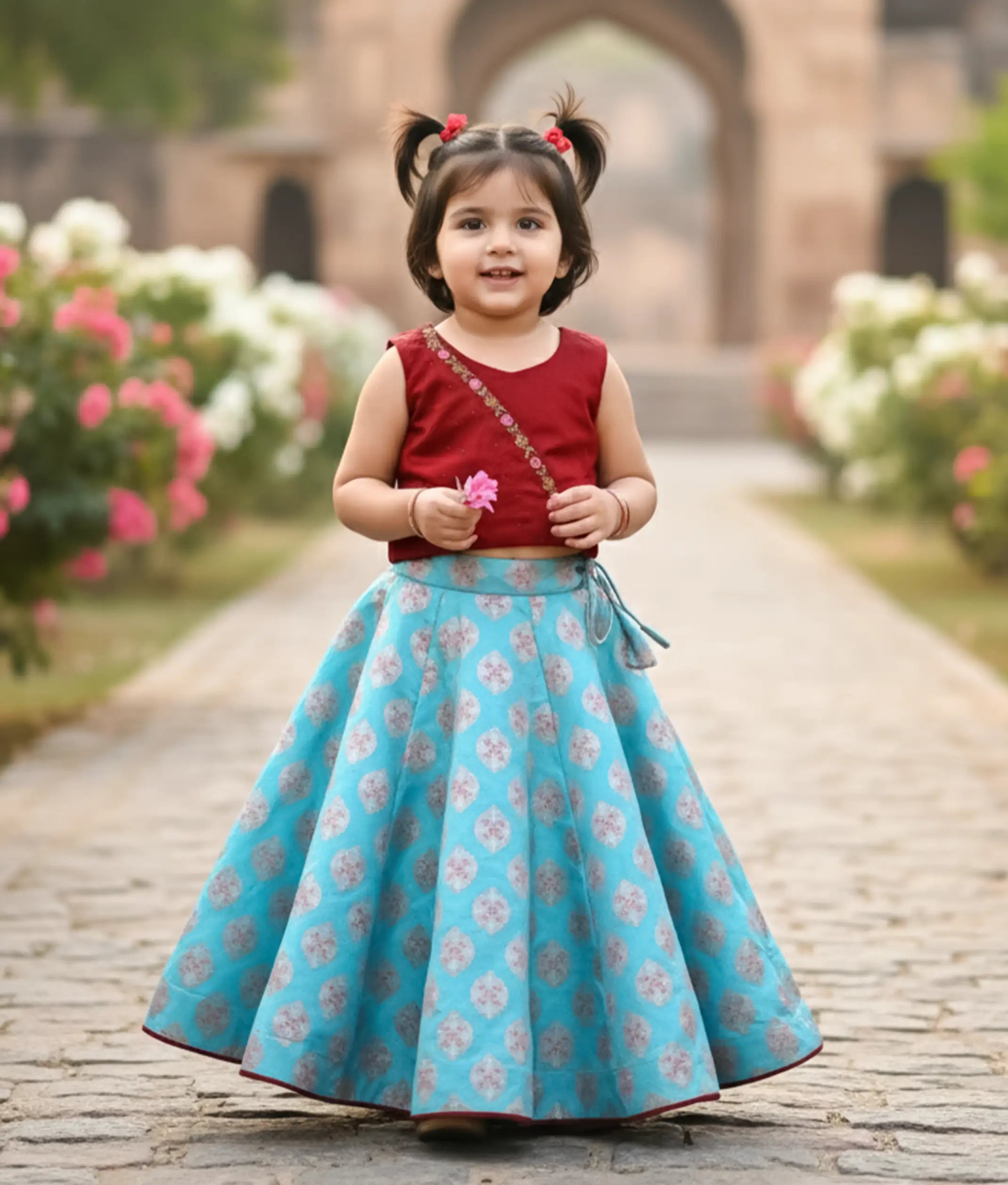 Maroon Raw cotta Handworked Top With Banarasi Skirt For Baby Girl [Ready to ship :5211]