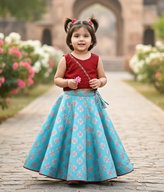 Maroon Raw cotta Handworked Top With Banarasi Skirt For Baby Girl [Ready to ship :5211]