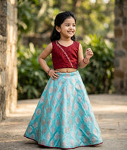 Maroon Raw cotta Hand worked Top with Banarasi Skirt for Baby Girl [5211]