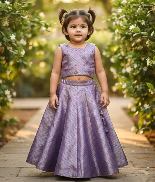 Lavender Handworked Banarasi Crop Top With Full Skirt For Baby Girl [Ready To Ship: 5213]