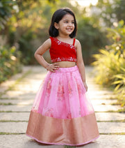 Red Tulle Net Hand worked Top with Pink Printed Organza Skirt for Baby Girl [5228A]