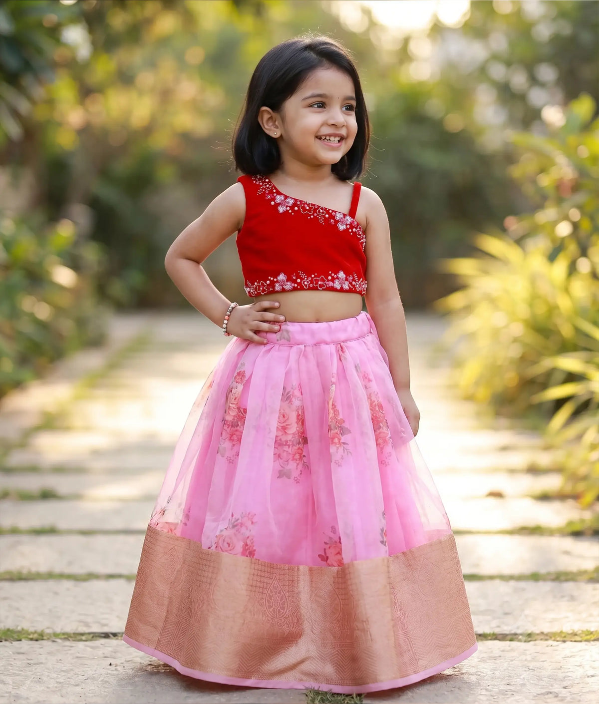 Red Tulle Net Hand worked Top with Pink Printed Organza Skirt for Baby Girl [5228A]