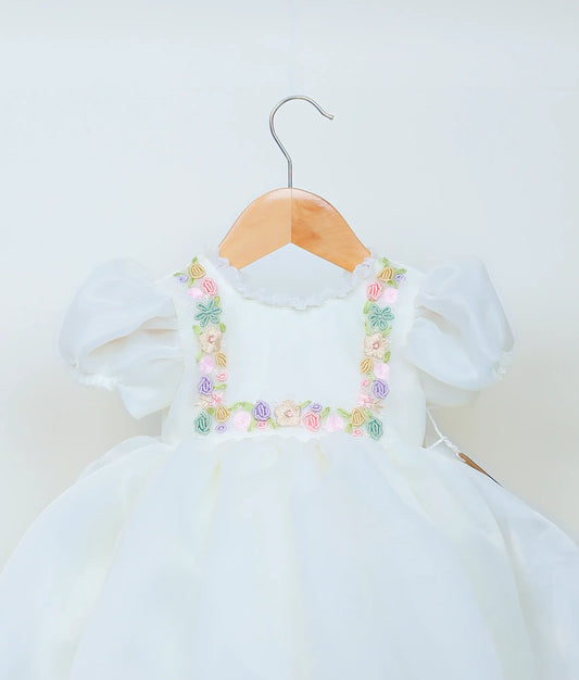 Off-white Plain Organza Handworked Baptism Frock For Baby Girl [Ready To Ship: 5252]