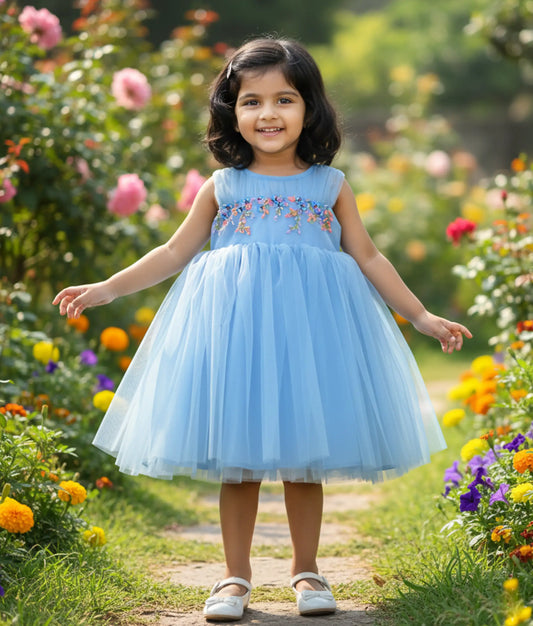 Pastel Blue Tulle Net Floral Embroidery Handworked Birthday Frock For Baby Girl [Ready to ship:5253]