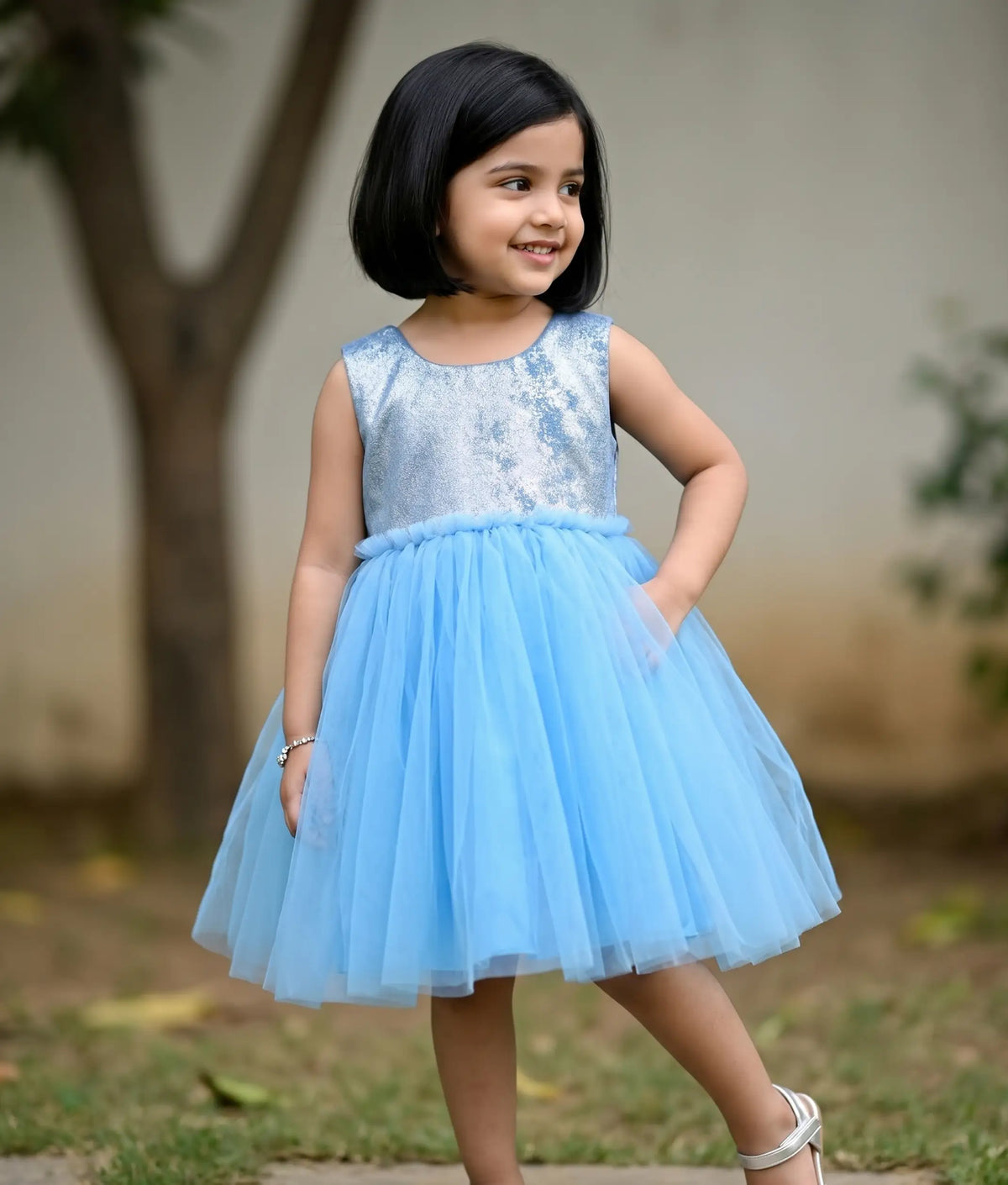 Pastel Blue Milan Foil Yoke with Blue Skirt Birthday Frock for Baby Girl [5286]