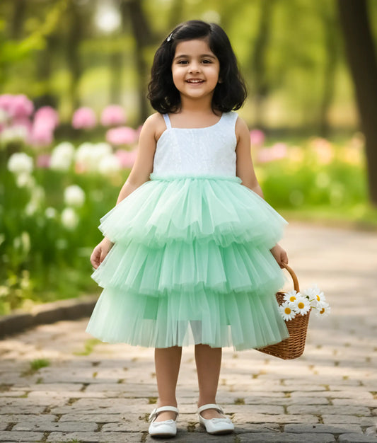 Off-white Work Material Yoke With Pastel Green Skirt Birthday Frock Baby Girl [Ready To Ship:5287]
