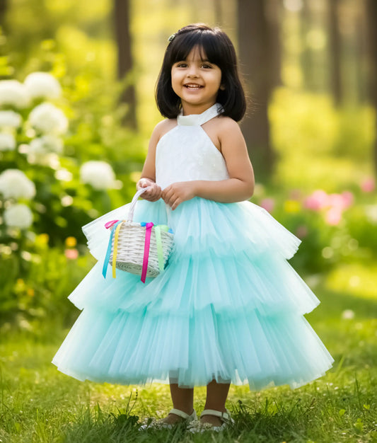 Off White Halter Neck Yoke with Pastel Blue Step Birthday Frock For Baby Girl  [Ready To Ship: 5289]